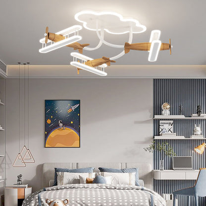 Contemporary Creative Cartoon Solid Wood Plane Acrylic LED Semi-Flush Mount Ceiling Light For Living Room