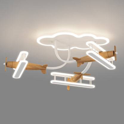 Contemporary Creative Cartoon Solid Wood Plane Acrylic LED Semi-Flush Mount Ceiling Light For Living Room