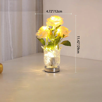 Modern Art Deco Artificial Rose Flower Glass Bottle Base LED Table Lamp For Bedroom