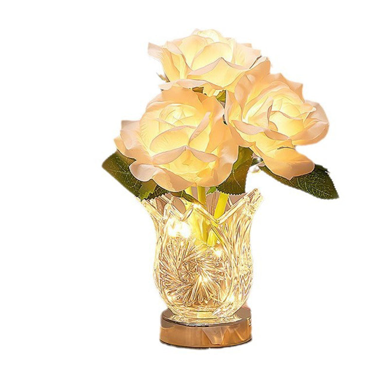 Modern Art Deco Artificial Rose Flower Glass Bottle Base LED Table Lamp For Bedroom