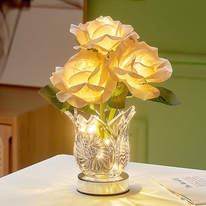 Modern Art Deco Artificial Rose Flower Glass Bottle Base LED Table Lamp For Bedroom