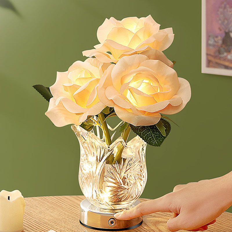 Modern Art Deco Artificial Rose Flower Glass Bottle Base LED Table Lamp For Bedroom