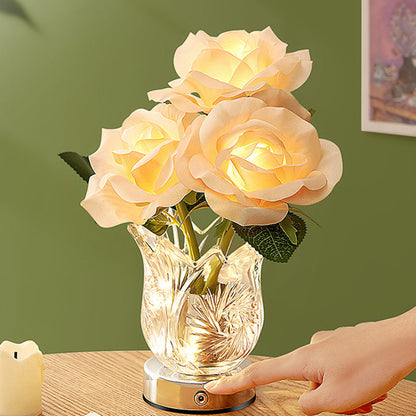 Modern Art Deco Artificial Rose Flower Glass Bottle Base LED Table Lamp For Bedroom