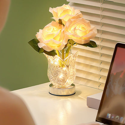 Modern Art Deco Artificial Rose Flower Glass Bottle Base LED Table Lamp For Bedroom
