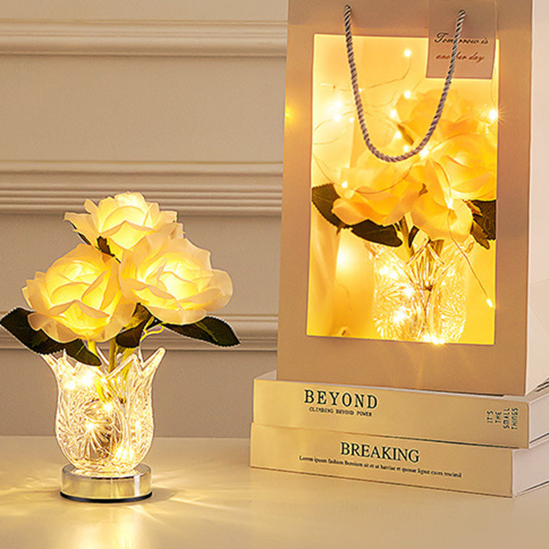 Modern Art Deco Artificial Rose Flower Glass Bottle Base LED Table Lamp For Bedroom