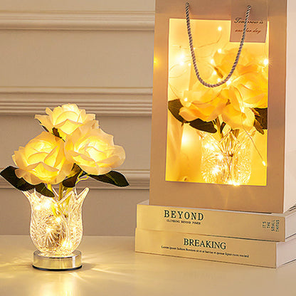 Modern Art Deco Artificial Rose Flower Glass Bottle Base LED Table Lamp For Bedroom