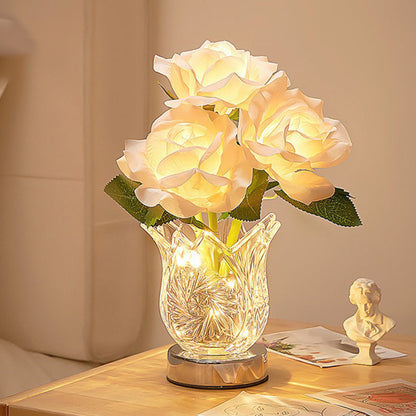 Modern Art Deco Artificial Rose Flower Glass Bottle Base LED Table Lamp For Bedroom