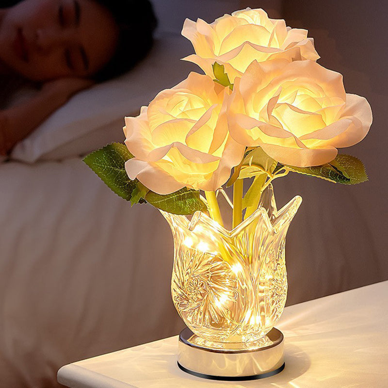 Modern Art Deco Artificial Rose Flower Glass Bottle Base LED Table Lamp For Bedroom