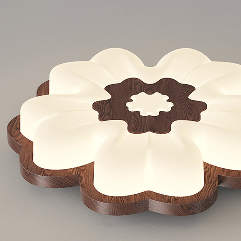 Traditional Vintage Solid Wood Grain PE Flower Shade LED Flush Mount Ceiling Light For Bedroom