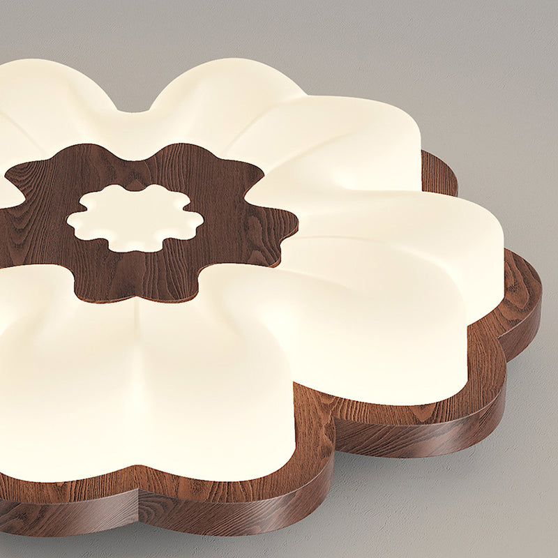 Traditional Vintage Solid Wood Grain PE Flower Shade LED Flush Mount Ceiling Light For Bedroom