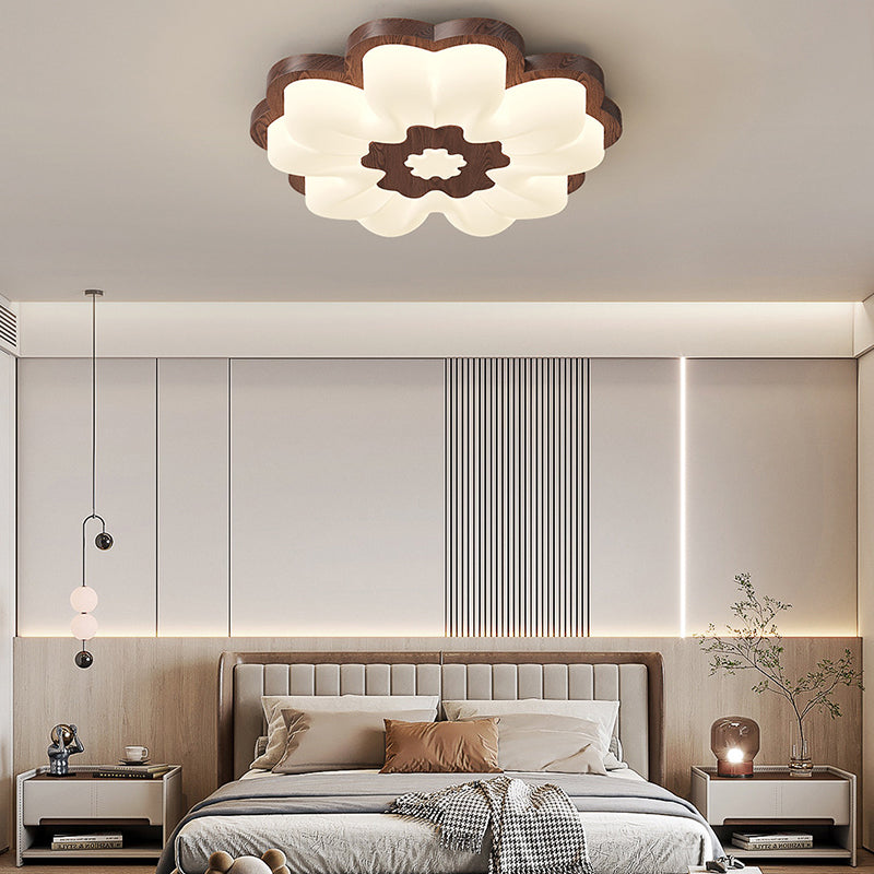 Traditional Vintage Solid Wood Grain PE Flower Shade LED Flush Mount Ceiling Light For Bedroom