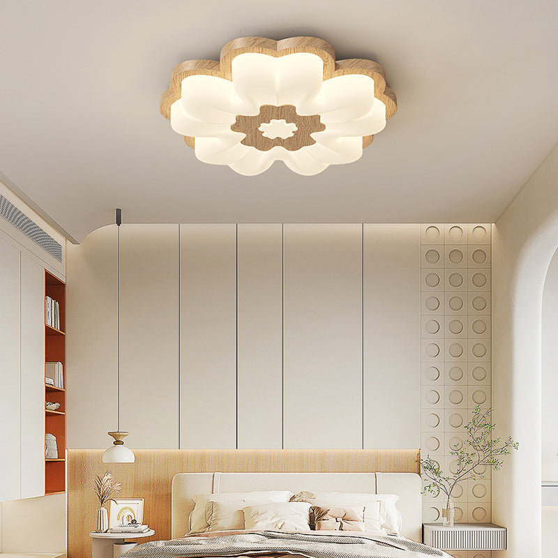 Traditional Vintage Solid Wood Grain PE Flower Shade LED Flush Mount Ceiling Light For Bedroom
