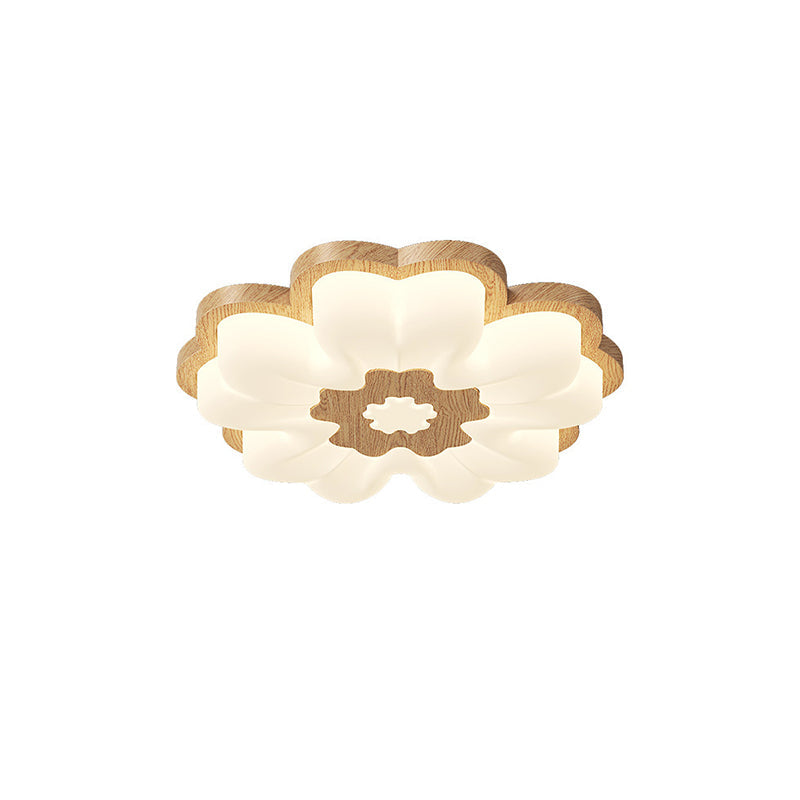 Traditional Vintage Solid Wood Grain PE Flower Shade LED Flush Mount Ceiling Light For Bedroom