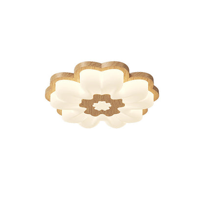 Traditional Vintage Solid Wood Grain PE Flower Shade LED Flush Mount Ceiling Light For Bedroom