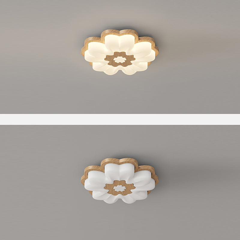 Traditional Vintage Solid Wood Grain PE Flower Shade LED Flush Mount Ceiling Light For Bedroom