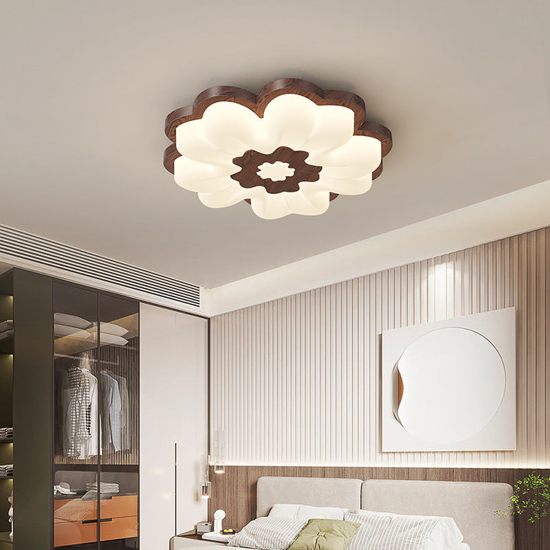 Traditional Vintage Solid Wood Grain PE Flower Shade LED Flush Mount Ceiling Light For Bedroom