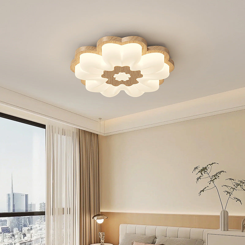 Traditional Vintage Solid Wood Grain PE Flower Shade LED Flush Mount Ceiling Light For Bedroom