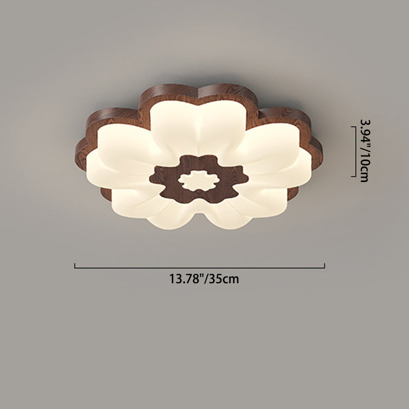 Traditional Vintage Solid Wood Grain PE Flower Shade LED Flush Mount Ceiling Light For Bedroom