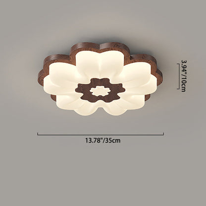 Traditional Vintage Solid Wood Grain PE Flower Shade LED Flush Mount Ceiling Light For Bedroom