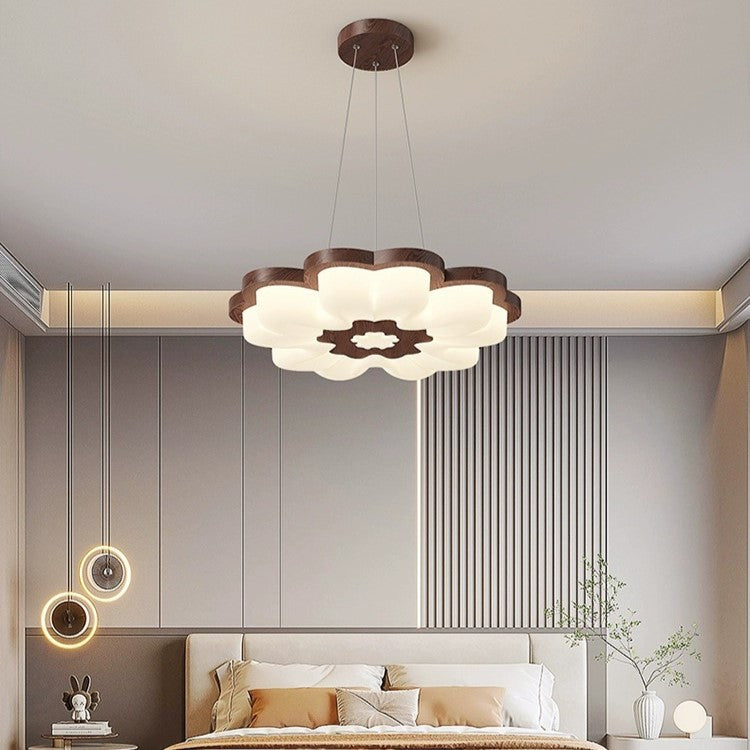 Traditional Vintage Solid Wood Grain PE Flower Shade LED Pendant Light For Bedroom