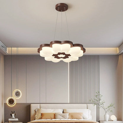Traditional Vintage Solid Wood Grain PE Flower Shade LED Pendant Light For Bedroom