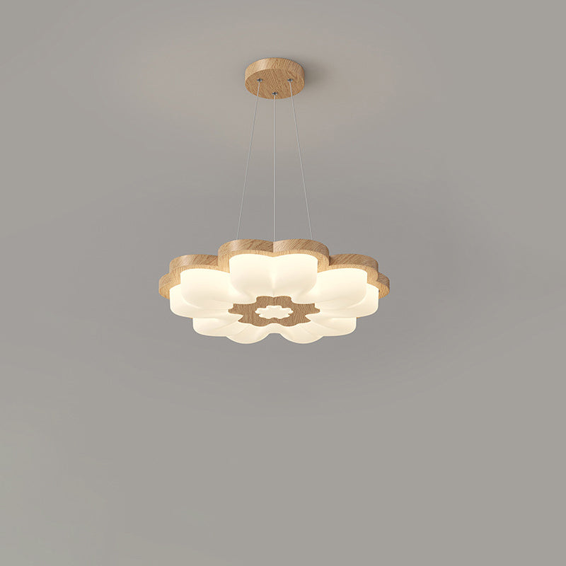 Traditional Vintage Solid Wood Grain PE Flower Shade LED Pendant Light For Bedroom