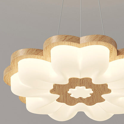 Traditional Vintage Solid Wood Grain PE Flower Shade LED Pendant Light For Bedroom