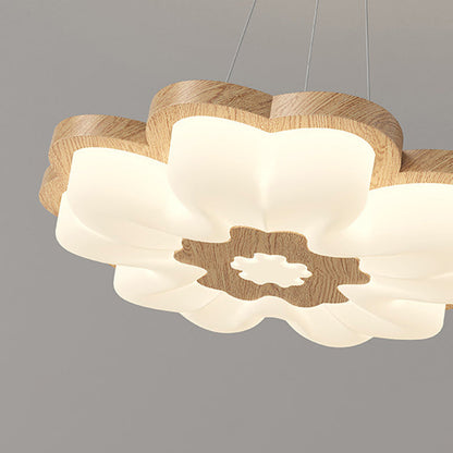 Traditional Vintage Solid Wood Grain PE Flower Shade LED Pendant Light For Bedroom