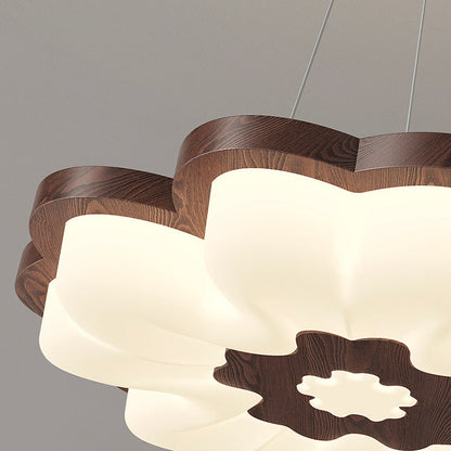 Traditional Vintage Solid Wood Grain PE Flower Shade LED Pendant Light For Bedroom