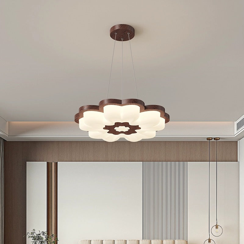 Traditional Vintage Solid Wood Grain PE Flower Shade LED Pendant Light For Bedroom