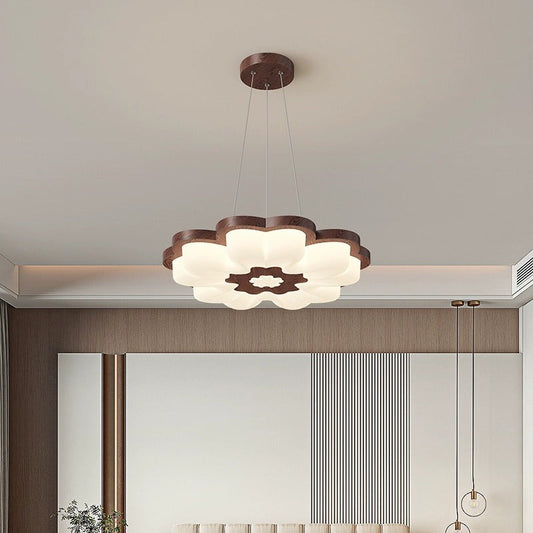 Traditional Vintage Solid Wood Grain PE Flower Shade LED Pendant Light For Bedroom
