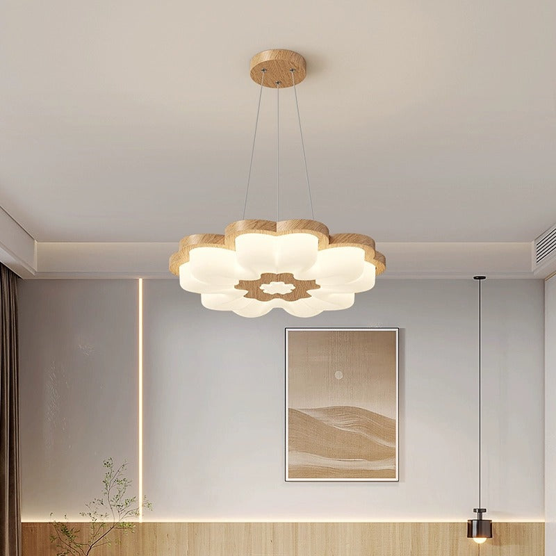 Traditional Vintage Solid Wood Grain PE Flower Shade LED Pendant Light For Bedroom