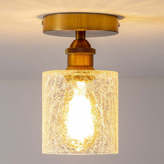 Contemporary Retro Cracked Glass Iron Cylinder 1-Light Semi-Flush Mount Ceiling Light For Living Room