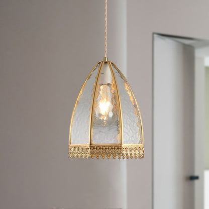 Contemporary Luxury Vertical Grained Glass Round Shade Copper 1-Light Pendant Light For Living Room