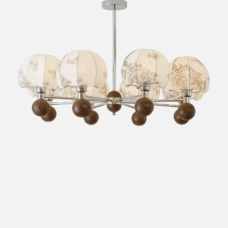 Traditional French Metal Frame Wood Fabric Round Shade 8-Light Chandelier For Living Room