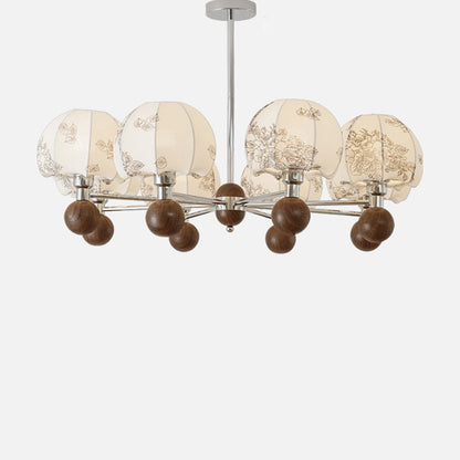 Traditional French Metal Frame Wood Fabric Round Shade 8-Light Chandelier For Living Room