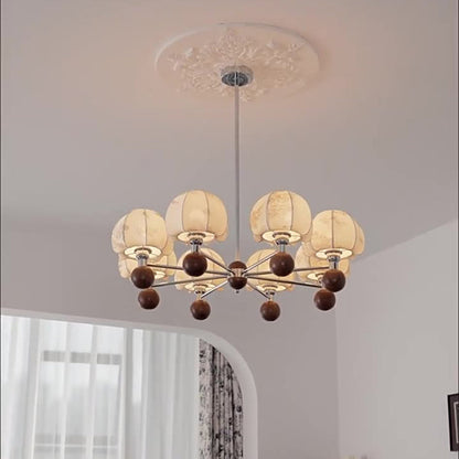 Traditional French Metal Frame Wood Fabric Round Shade 8-Light Chandelier For Living Room