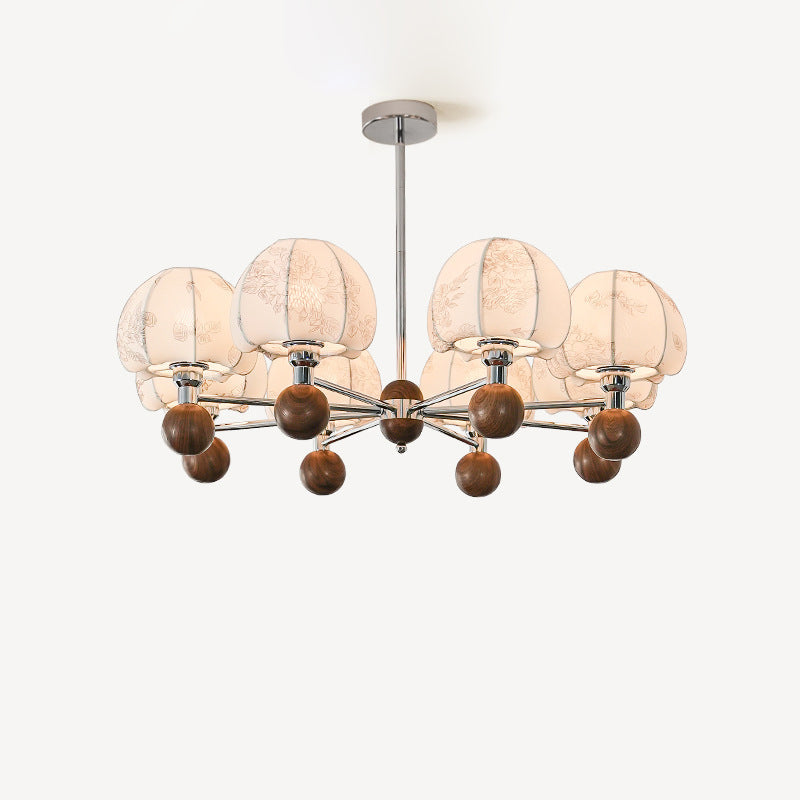 Traditional French Metal Frame Wood Fabric Round Shade 8-Light Chandelier For Living Room
