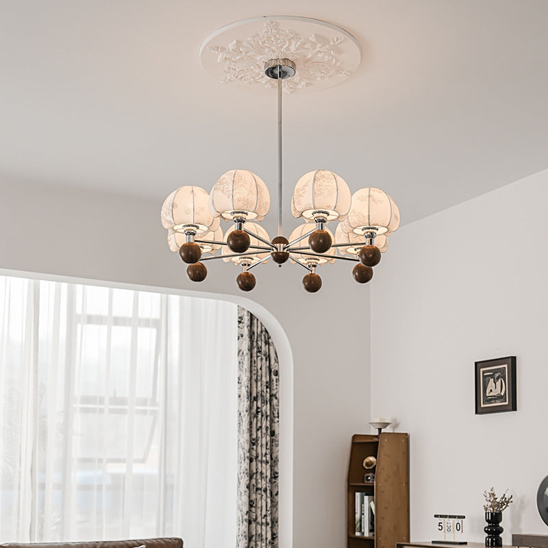 Traditional French Metal Frame Wood Fabric Round Shade 8-Light Chandelier For Living Room