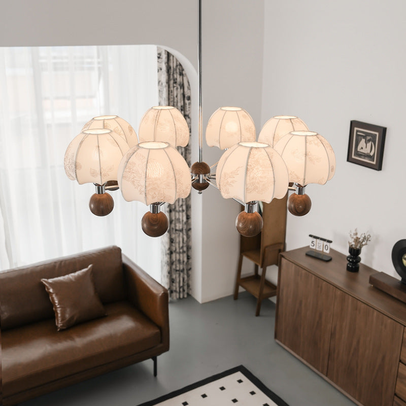 Traditional French Metal Frame Wood Fabric Round Shade 8-Light Chandelier For Living Room