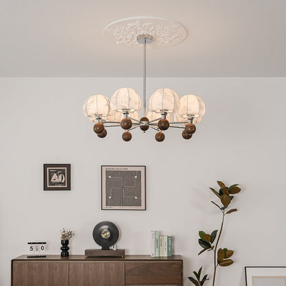 Traditional French Metal Frame Wood Fabric Round Shade 8-Light Chandelier For Living Room