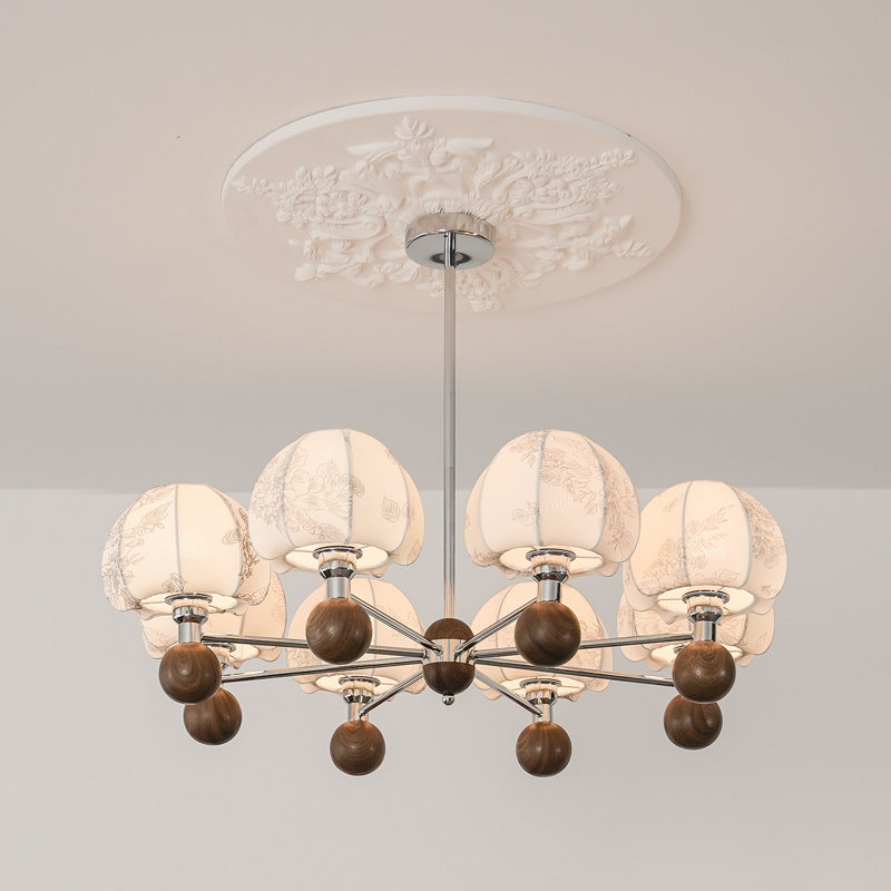 Traditional French Metal Frame Wood Fabric Round Shade 8-Light Chandelier For Living Room