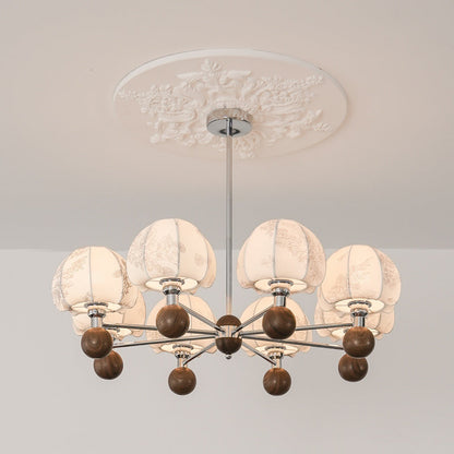 Traditional French Metal Frame Wood Fabric Round Shade 8-Light Chandelier For Living Room