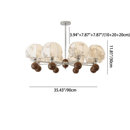 Traditional French Metal Frame Wood Fabric Round Shade 8-Light Chandelier For Living Room