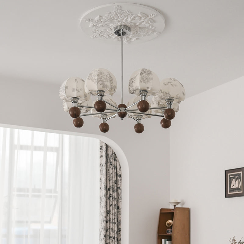 Traditional French Metal Frame Wood Fabric Round Shade 8-Light Chandelier For Living Room