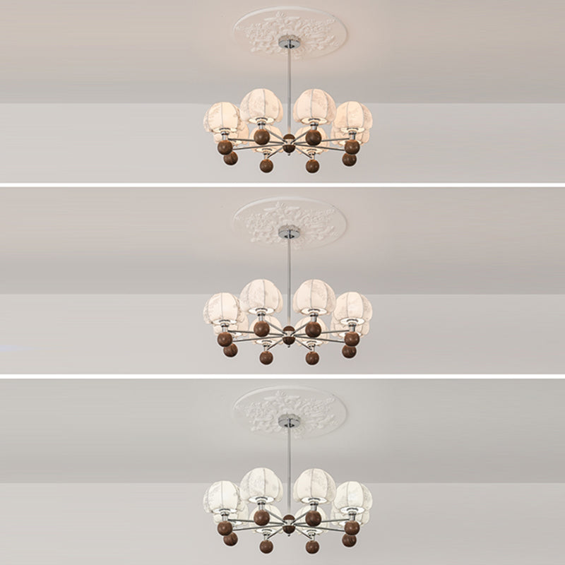 Traditional French Metal Frame Wood Fabric Round Shade 8-Light Chandelier For Living Room