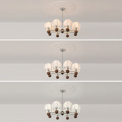 Traditional French Metal Frame Wood Fabric Round Shade 8-Light Chandelier For Living Room