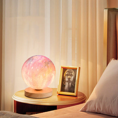Contemporary Simplicity Starry Sky Moon PLA Round Shade Wood 1-Light Night Light Table Lamp For Bedroom