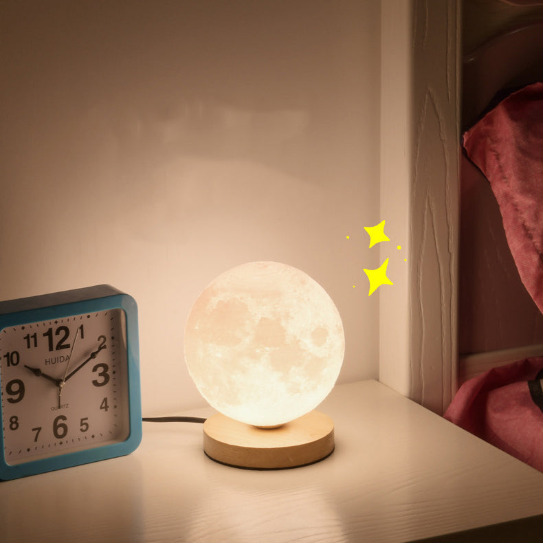 Contemporary Simplicity Starry Sky Moon PLA Round Shade Wood 1-Light Night Light Table Lamp For Bedroom
