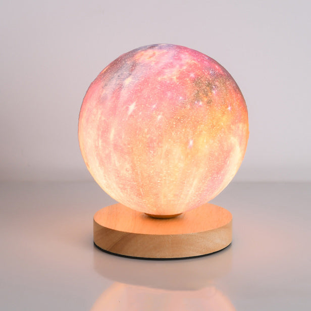 Contemporary Simplicity Starry Sky Moon PLA Round Shade Wood 1-Light Night Light Table Lamp For Bedroom
